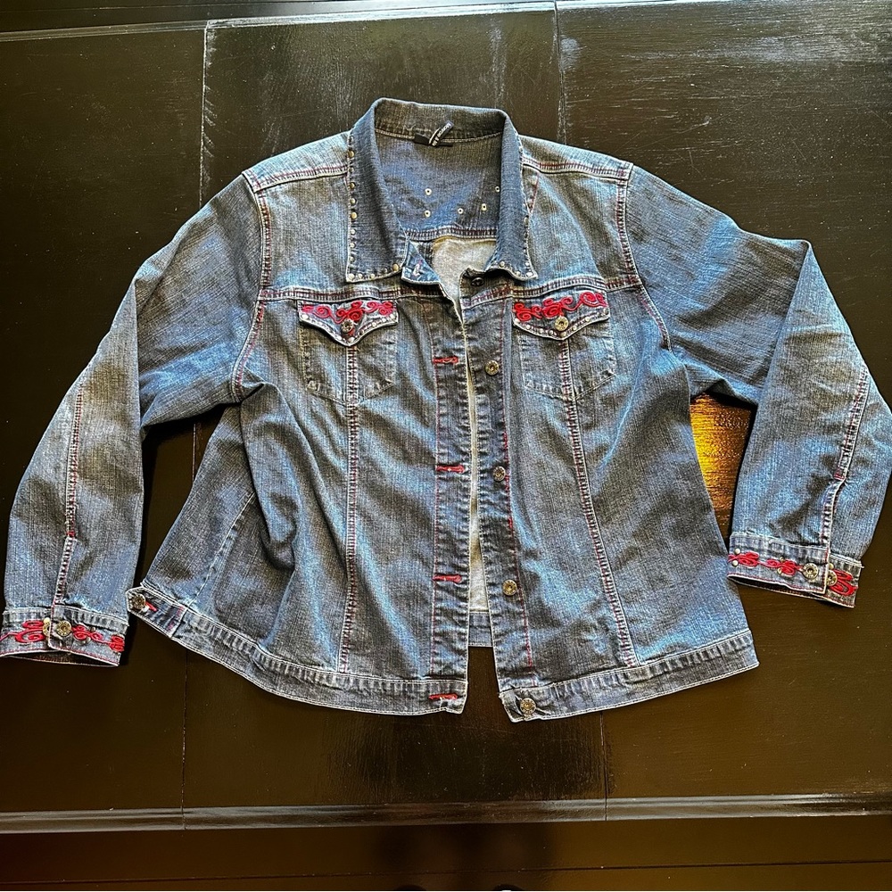 Retro Monroe & Main 2X XXL Blue Jean Denim Jacket Red Embroidered Holiday
